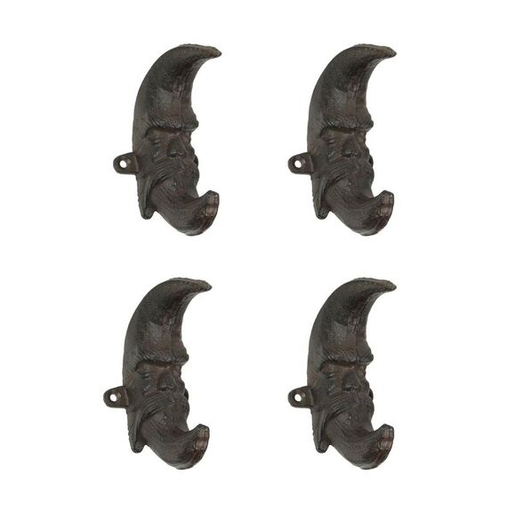 Brown Cast Iron Moon Face Wall Hanging Coat Hook Towel Hanger Home Decor Set / 4 - Picture 1 of 3